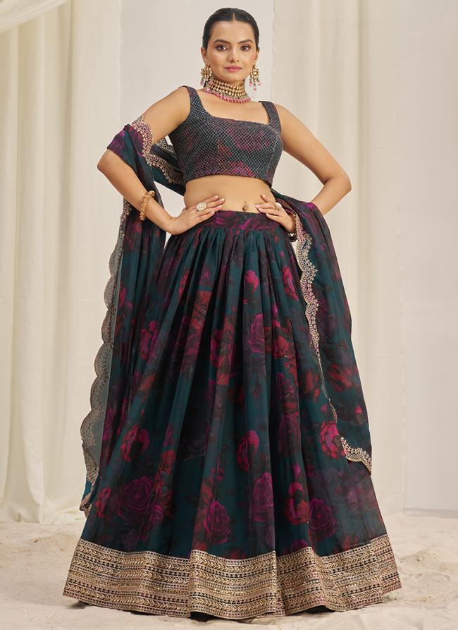 Organza Teal Party Wear Printed Lehenga Choli